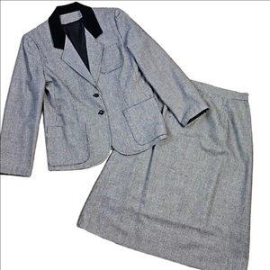 VTG Oscar de la Renta Black White Houndstooth Velvet Trim 2 Piece Skirt Suit Set